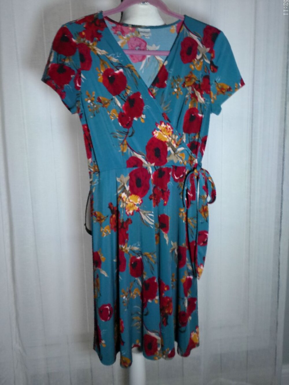 KAILEIGH Short Sleeve Wrap Tie Dress Blue w/Red Poppies Mini Dress S